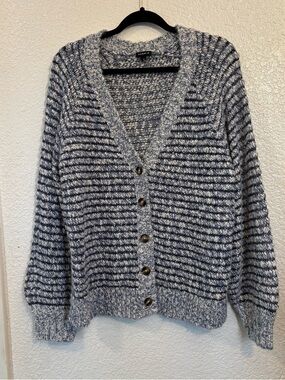 Torrid Cardigan‎ Sweater Womens Size 0 L/12 Navy White Striped Knit Button Front